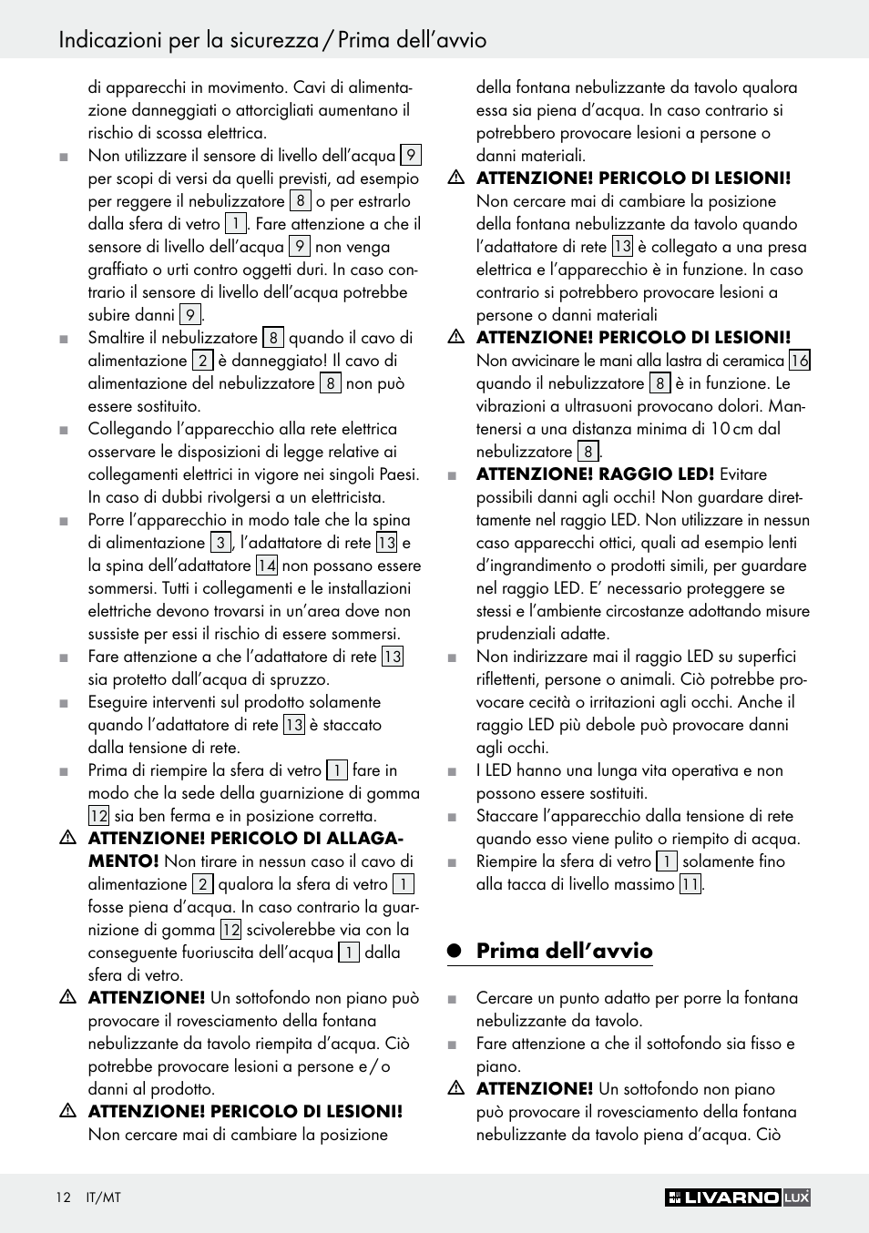 Indicazioni per la sicurezza / prima dell’avvio, Prima dell’avvio | Livarno Z30591A-BS User Manual | Page 12 / 35