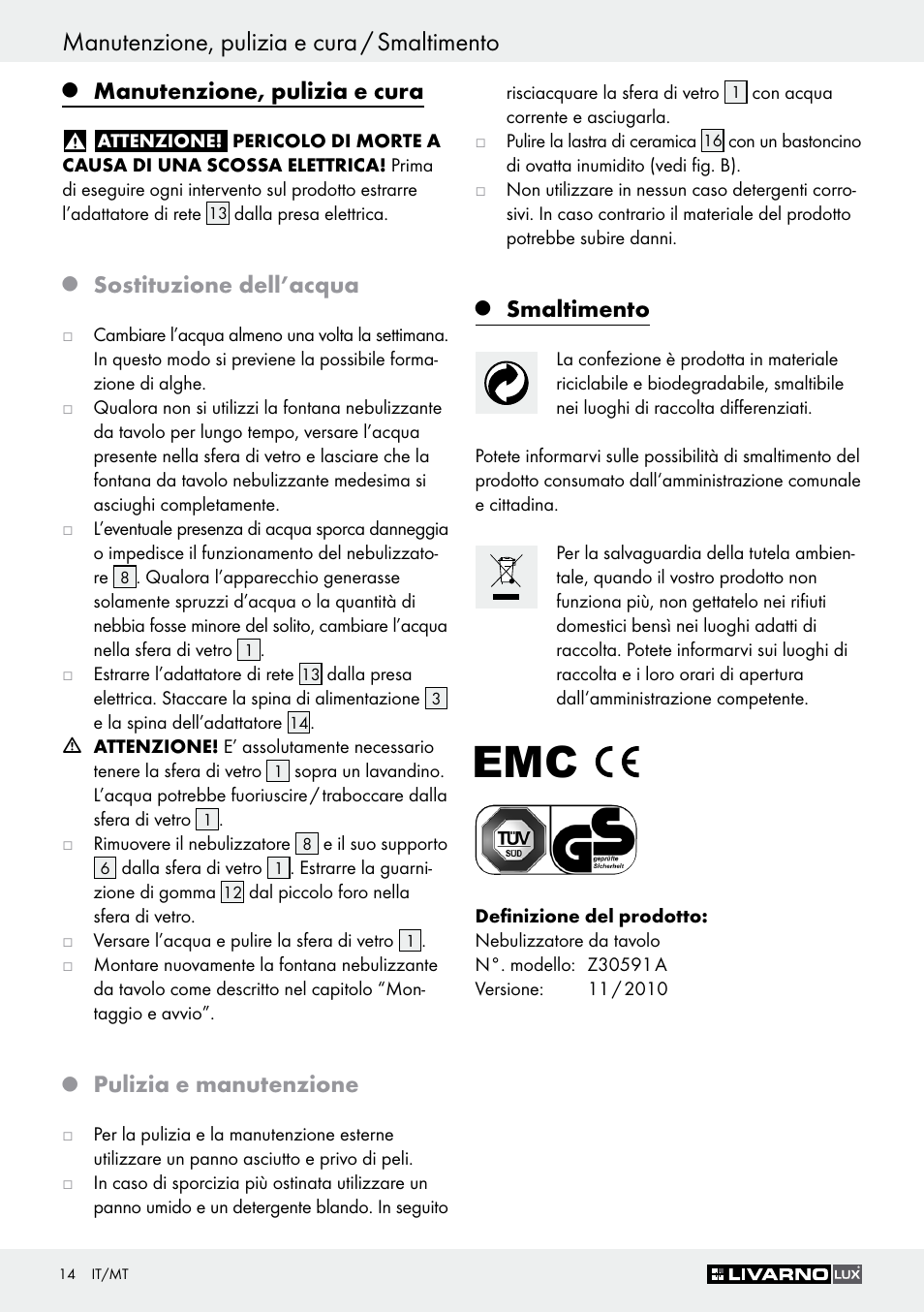 Manutenzione, pulizia e cura / smaltimento, Manutenzione, pulizia e cura, Sostituzione dell’acqua | Pulizia e manutenzione, Smaltimento | Livarno Z30591A-BS User Manual | Page 14 / 35