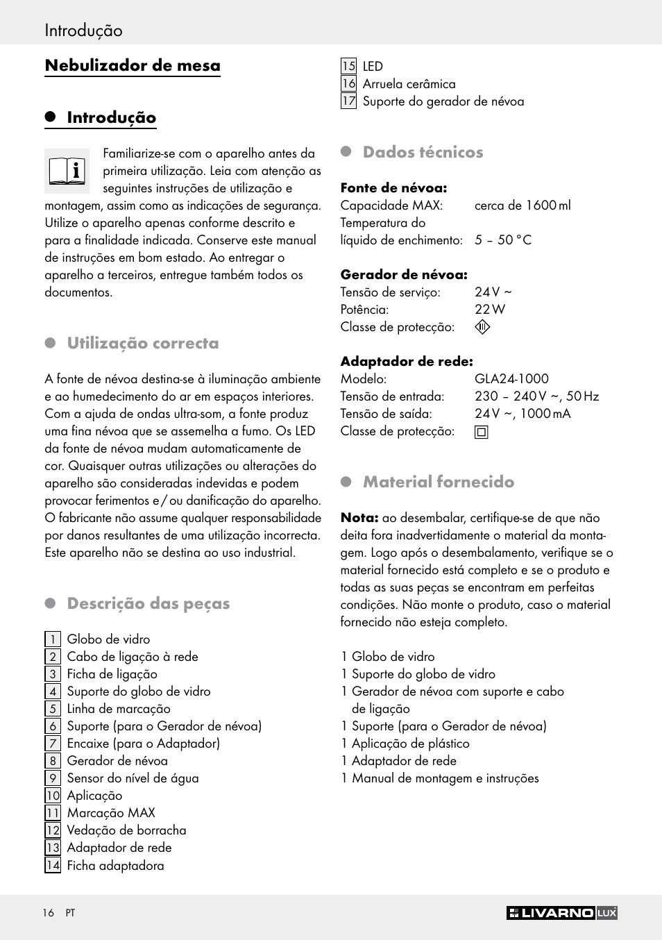 Introdução, Nebulizador de mesa, Utilização correcta | Descrição das peças, Dados técnicos, Material fornecido | Livarno Z30591A-BS User Manual | Page 16 / 35