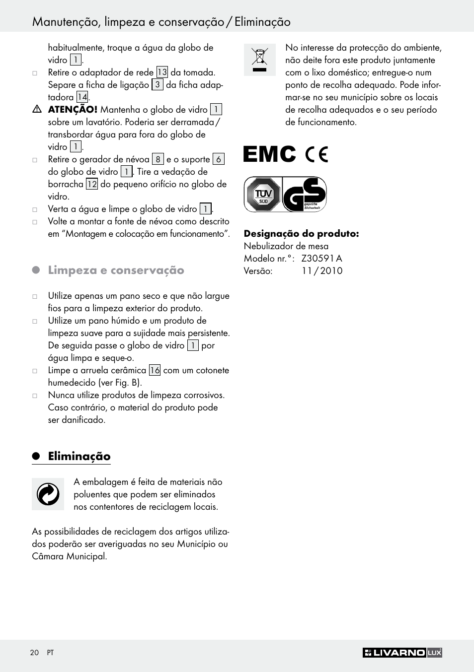 Manutenção, limpeza e conservação / eliminação, Limpeza e conservação, Eliminação | Livarno Z30591A-BS User Manual | Page 20 / 35