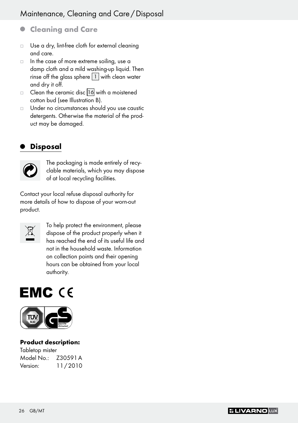 Maintenance, cleaning and care / disposal, Cleaning and care, Disposal | Livarno Z30591A-BS User Manual | Page 26 / 35