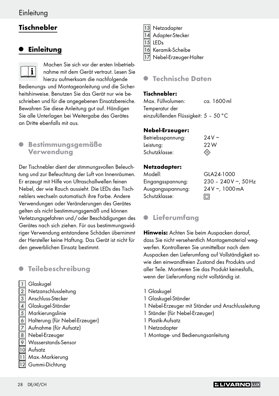 Einleitung, Tischnebler, Bestimmungsgemäße verwendung | Teilebeschreibung, Technische daten, Lieferumfang | Livarno Z30591A-BS User Manual | Page 28 / 35