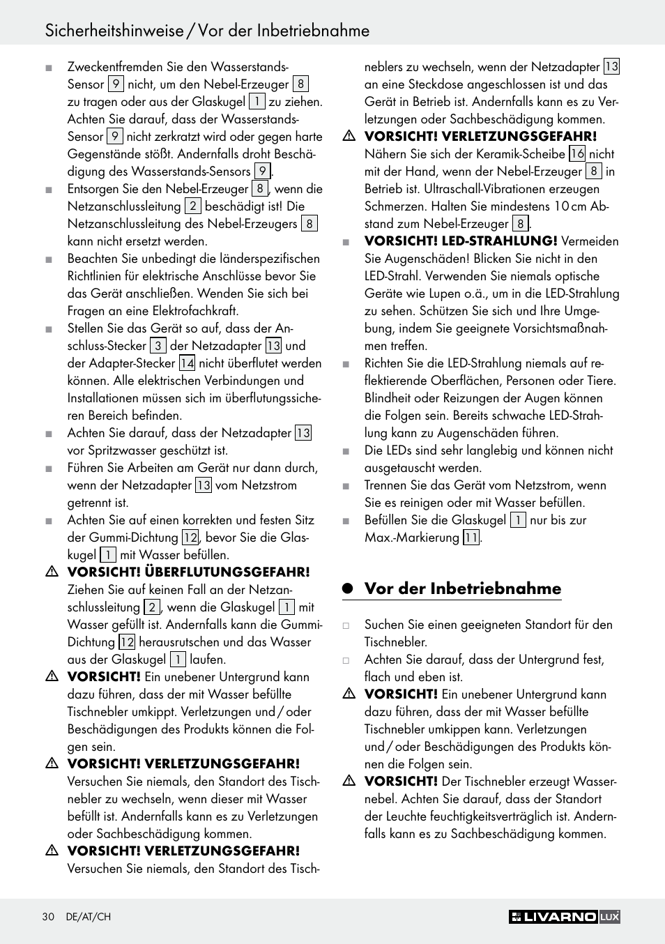 Sicherheitshinweise / vor der inbetriebnahme, Vor der inbetriebnahme | Livarno Z30591A-BS User Manual | Page 30 / 35