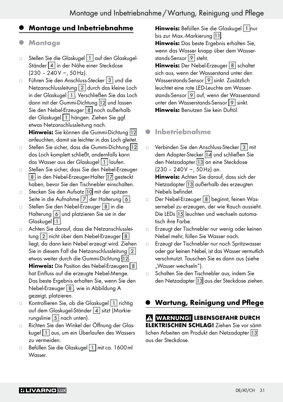 Montage und inbetriebnahme, Montage, Inbetriebnahme | Wartung, reinigung und pflege | Livarno Z30591A-BS User Manual | Page 31 / 35