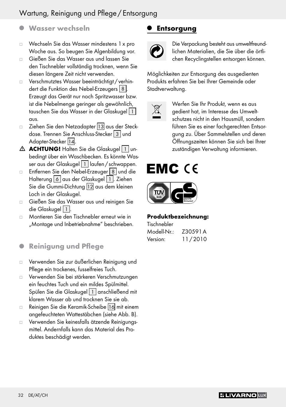 Wartung, reinigung und pflege / entsorgung, Wasser wechseln, Reinigung und pflege | Entsorgung | Livarno Z30591A-BS User Manual | Page 32 / 35