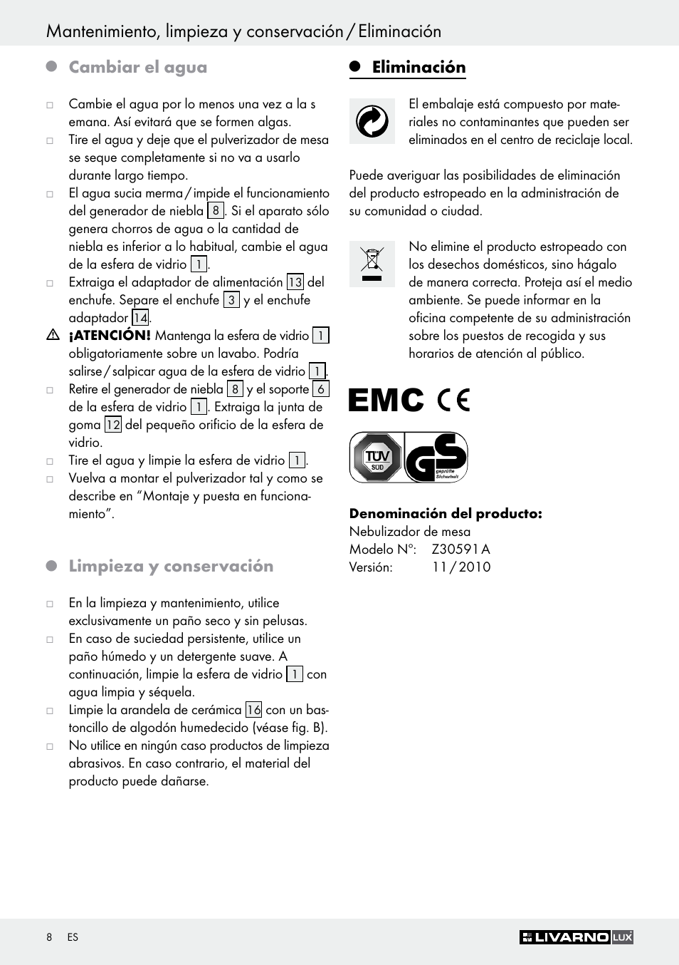 Cambiar el agua, Limpieza y conservación, Eliminación | Livarno Z30591A-BS User Manual | Page 8 / 35