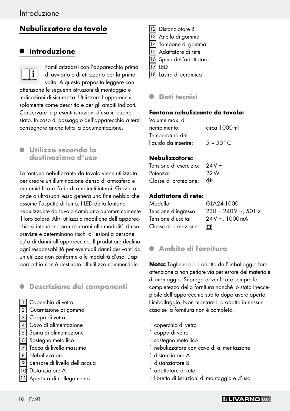 Introduzione, Nebulizzatore da tavolo, Utilizzo secondo la destinazione d’uso | Descrizione dei componenti, Dati tecnici, Ambito di fornitura | Livarno Z30591B-BS User Manual | Page 10 / 35