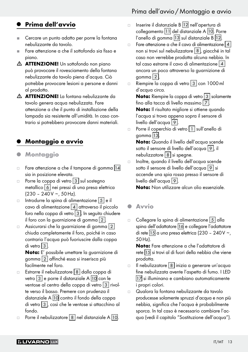 Prima dell’avvio / montaggio e avvio, Prima dell’avvio, Montaggio e avvio | Montaggio, Avvio | Livarno Z30591B-BS User Manual | Page 13 / 35