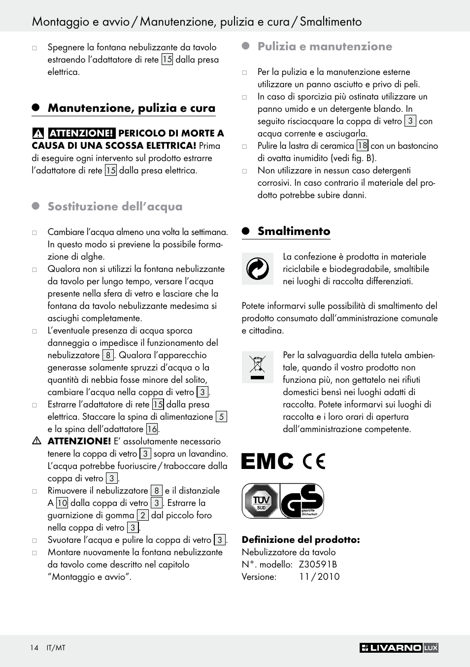 Manutenzione, pulizia e cura, Sostituzione dell’acqua, Pulizia e manutenzione | Smaltimento | Livarno Z30591B-BS User Manual | Page 14 / 35