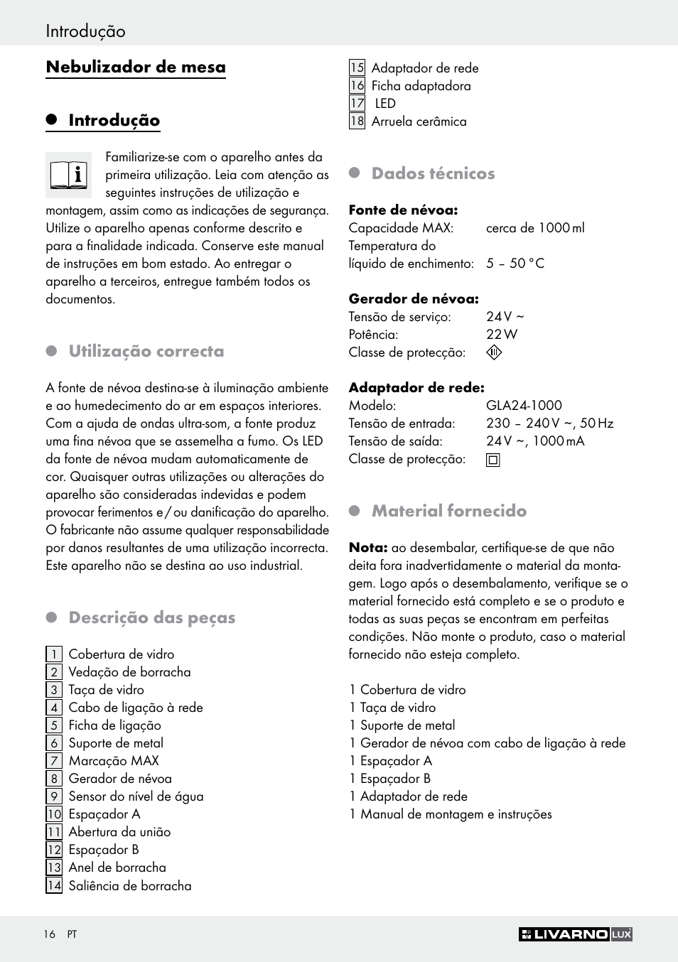 Introdução, Nebulizador de mesa, Utilização correcta | Descrição das peças, Dados técnicos, Material fornecido | Livarno Z30591B-BS User Manual | Page 16 / 35