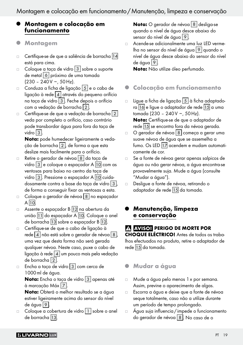 Montagem e colocação em funcionamento, Montagem, Colocação em funcionamento | Manutenção, limpeza e conservação, Mudar a água | Livarno Z30591B-BS User Manual | Page 19 / 35