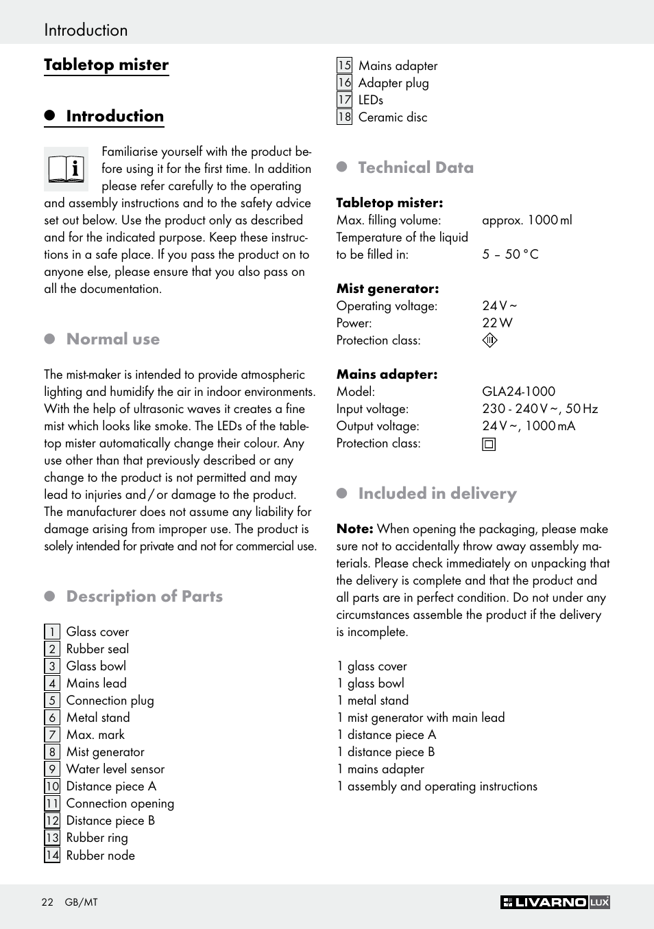 Introduction, Tabletop mister, Normal use | Description of parts, Technical data, Included in delivery | Livarno Z30591B-BS User Manual | Page 22 / 35