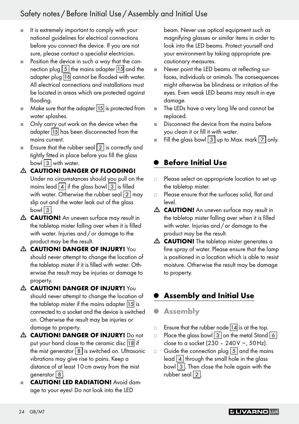 Before initial use, Assembly and initial use, Assembly | Livarno Z30591B-BS User Manual | Page 24 / 35