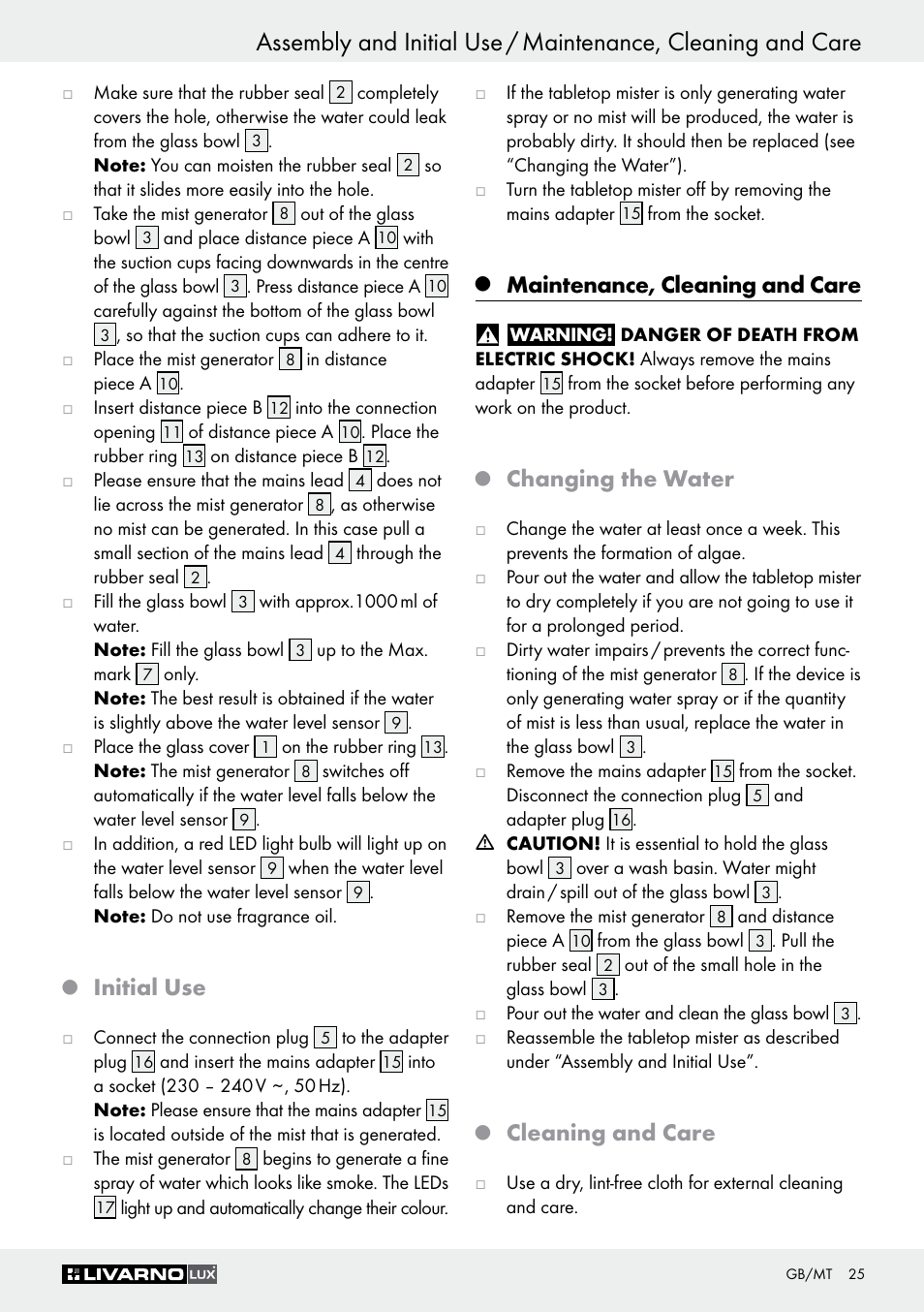 Initial use, Maintenance, cleaning and care, Changing the water | Cleaning and care | Livarno Z30591B-BS User Manual | Page 25 / 35