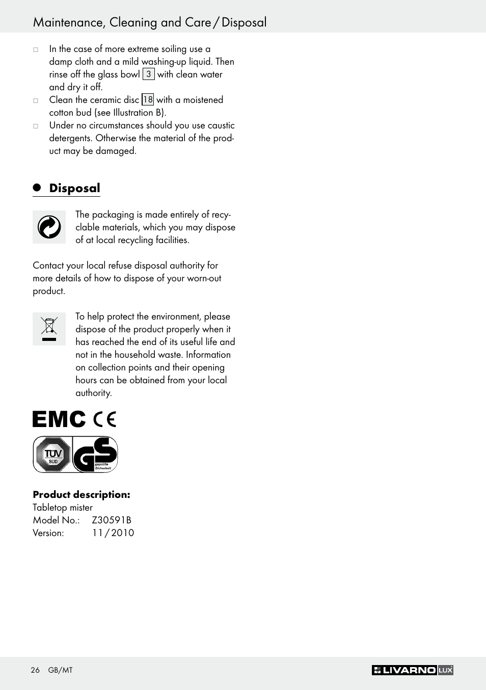 Maintenance, cleaning and care / disposal, Disposal | Livarno Z30591B-BS User Manual | Page 26 / 35