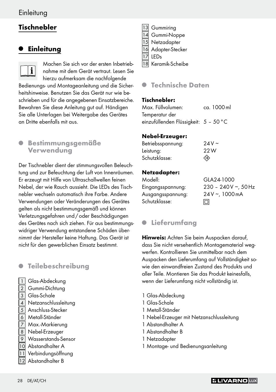 Einleitung, Tischnebler, Bestimmungsgemäße verwendung | Teilebeschreibung, Technische daten, Lieferumfang | Livarno Z30591B-BS User Manual | Page 28 / 35