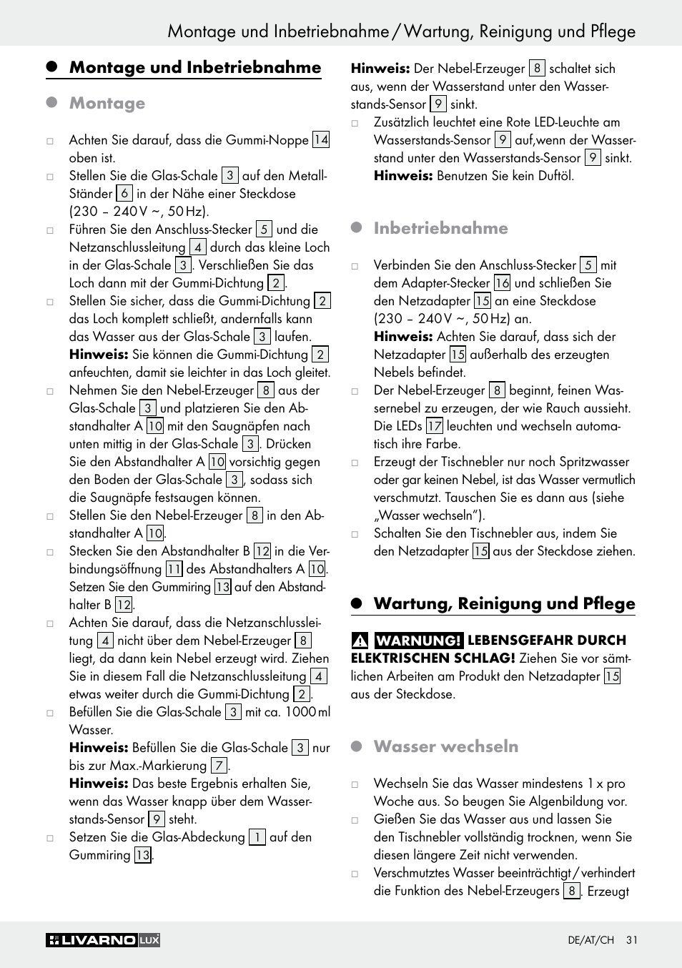 Montage und inbetriebnahme, Montage, Inbetriebnahme | Wartung, reinigung und pflege, Wasser wechseln | Livarno Z30591B-BS User Manual | Page 31 / 35