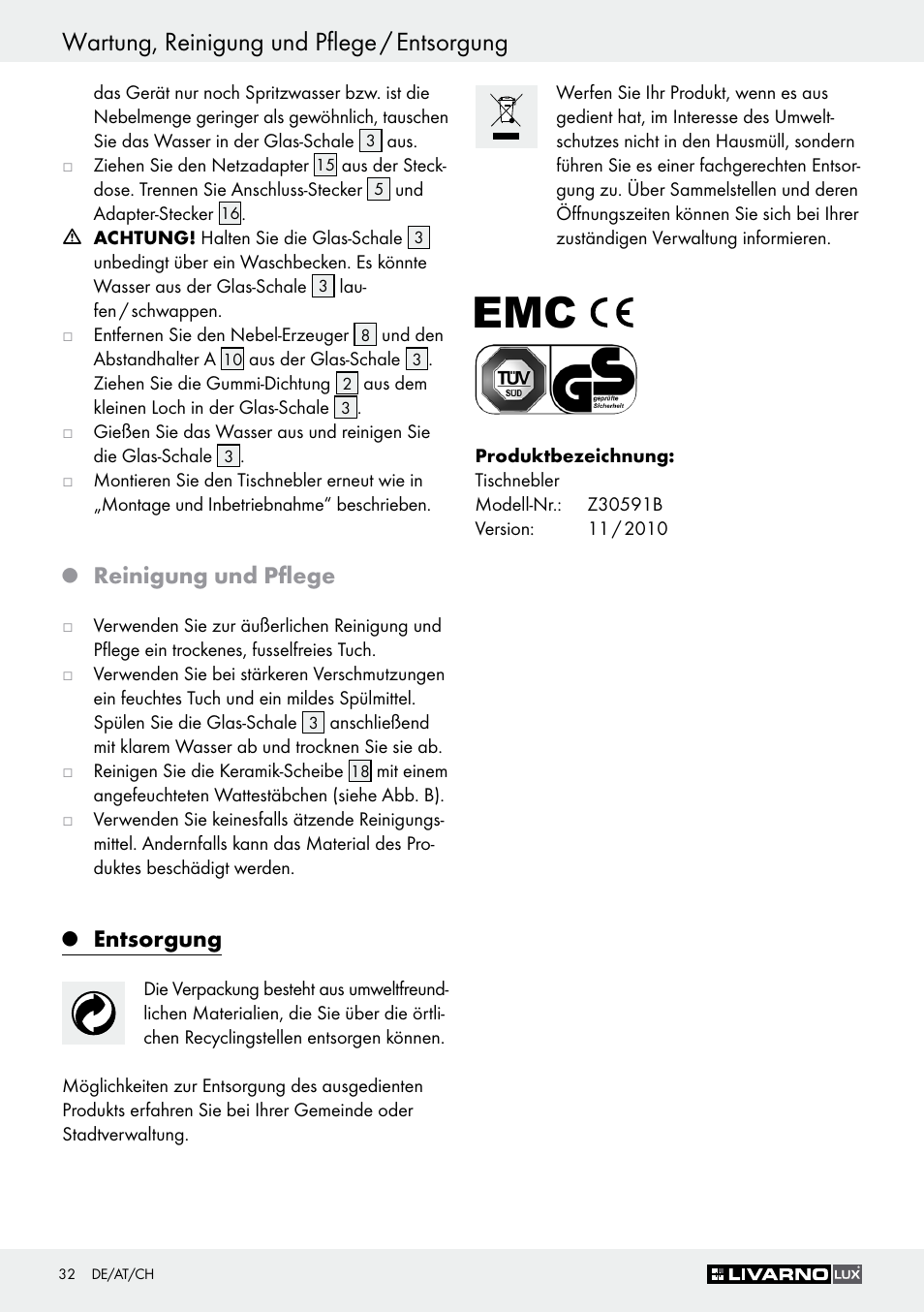 Wartung, reinigung und pflege / entsorgung, Reinigung und pflege, Entsorgung | Livarno Z30591B-BS User Manual | Page 32 / 35