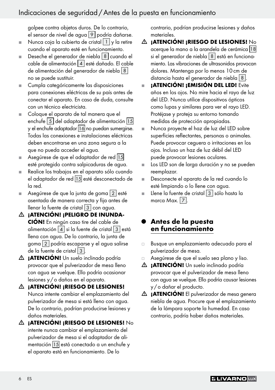 Antes de la puesta en funcionamiento | Livarno Z30591B-BS User Manual | Page 6 / 35