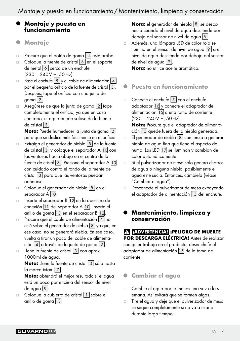 Montaje y puesta en funcionamiento, Montaje, Puesta en funcionamiento | Mantenimiento, limpieza y conservación, Cambiar el agua | Livarno Z30591B-BS User Manual | Page 7 / 35