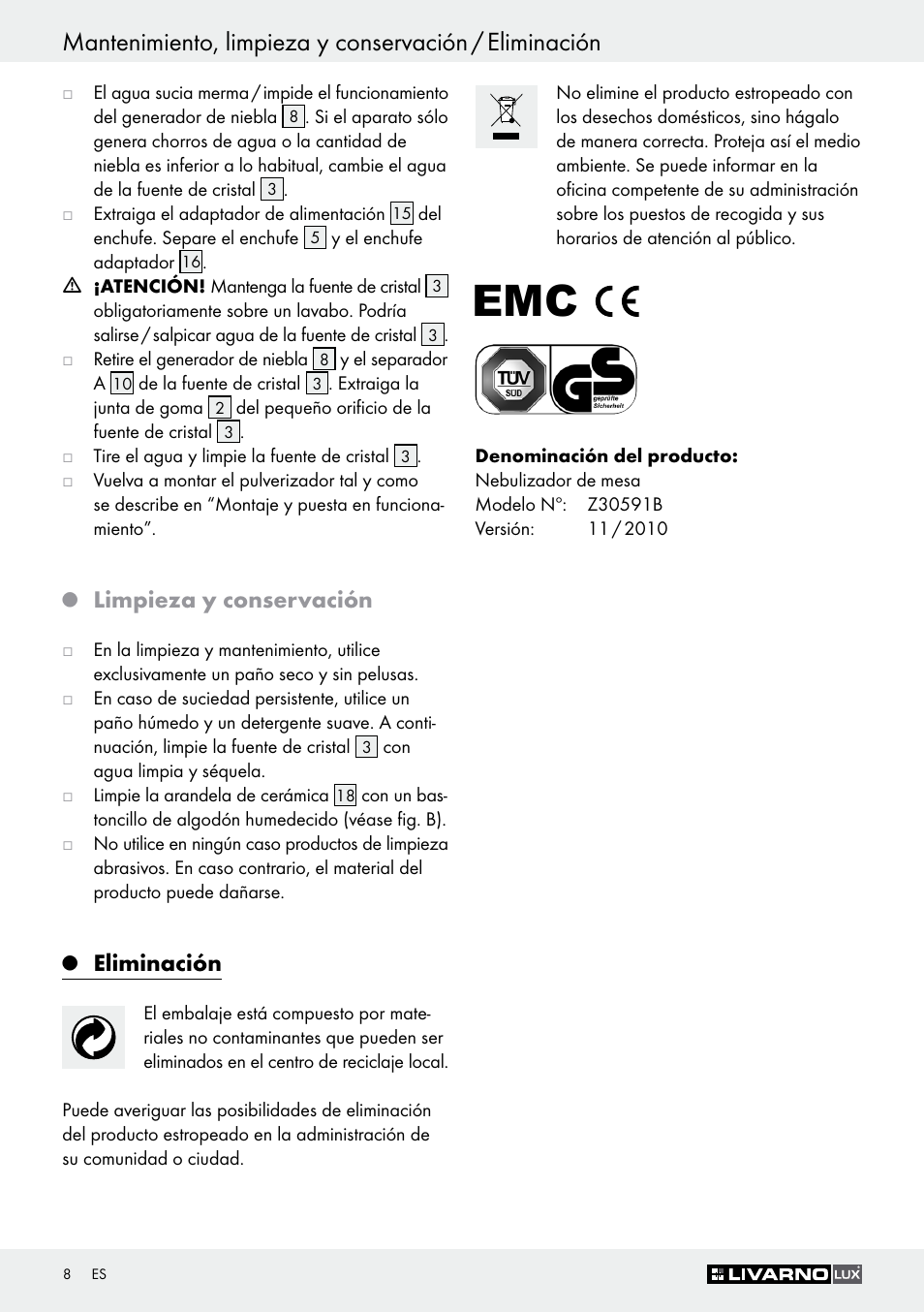 Limpieza y conservación, Eliminación | Livarno Z30591B-BS User Manual | Page 8 / 35