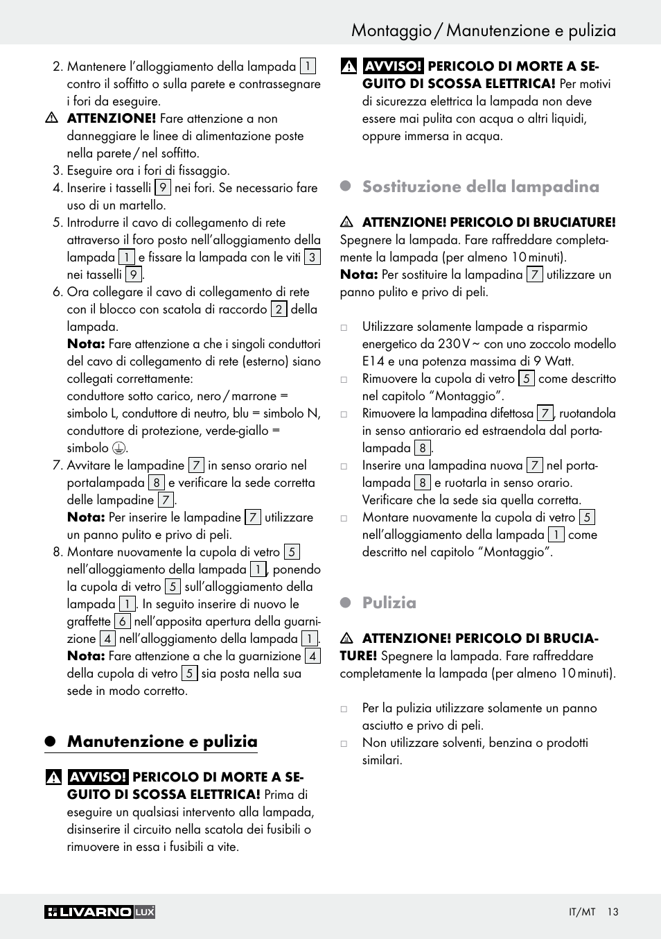 Montaggio / manutenzione e pulizia, Manutenzione e pulizia, Sostituzione della lampadina | Pulizia | Livarno Z30347C User Manual | Page 13 / 33