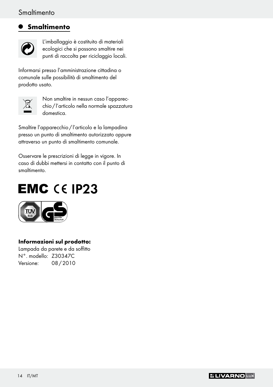 Smaltimento | Livarno Z30347C User Manual | Page 14 / 33