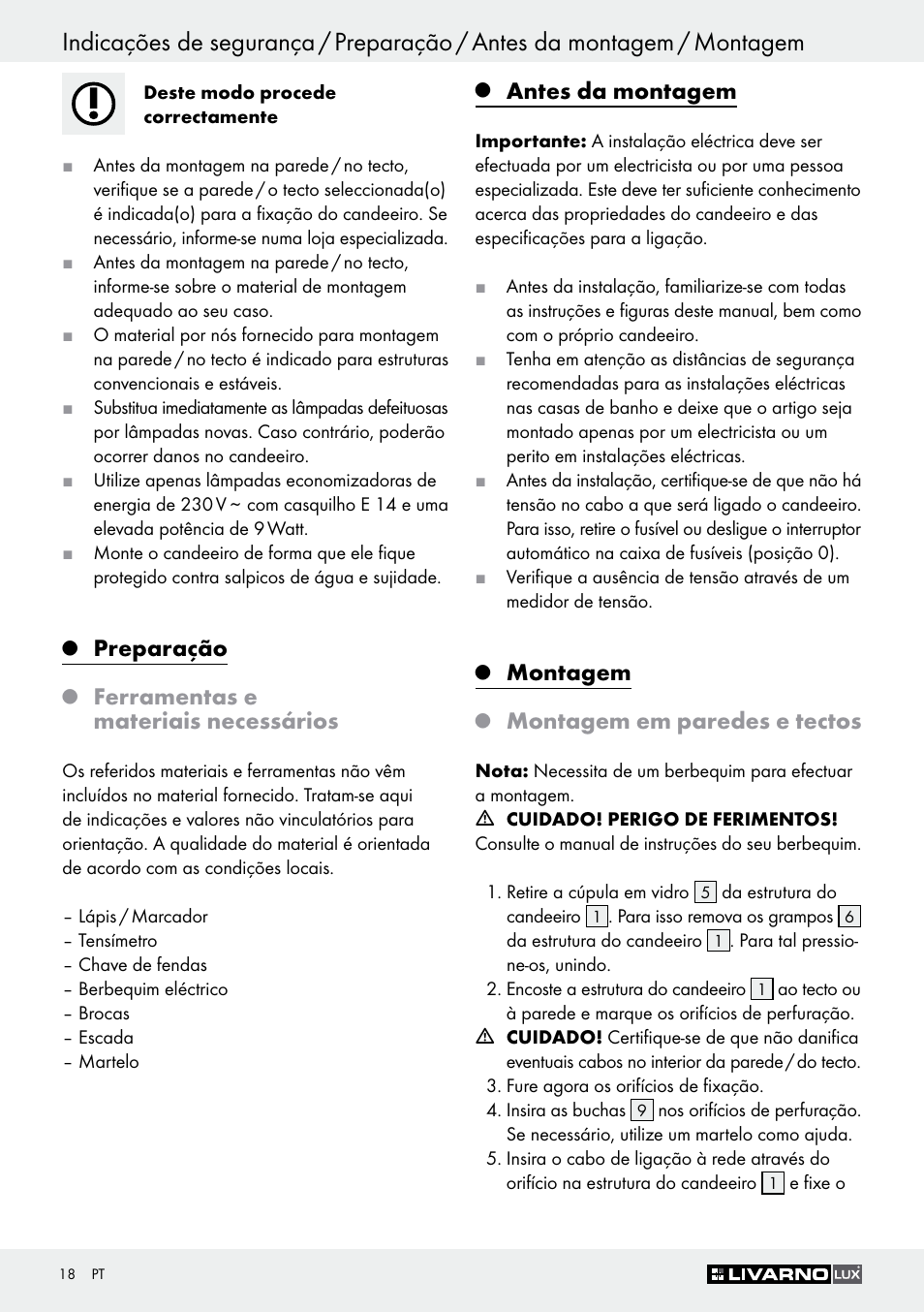 Preparação, Ferramentas e materiais necessários, Antes da montagem | Montagem, Montagem em paredes e tectos | Livarno Z30347C User Manual | Page 18 / 33