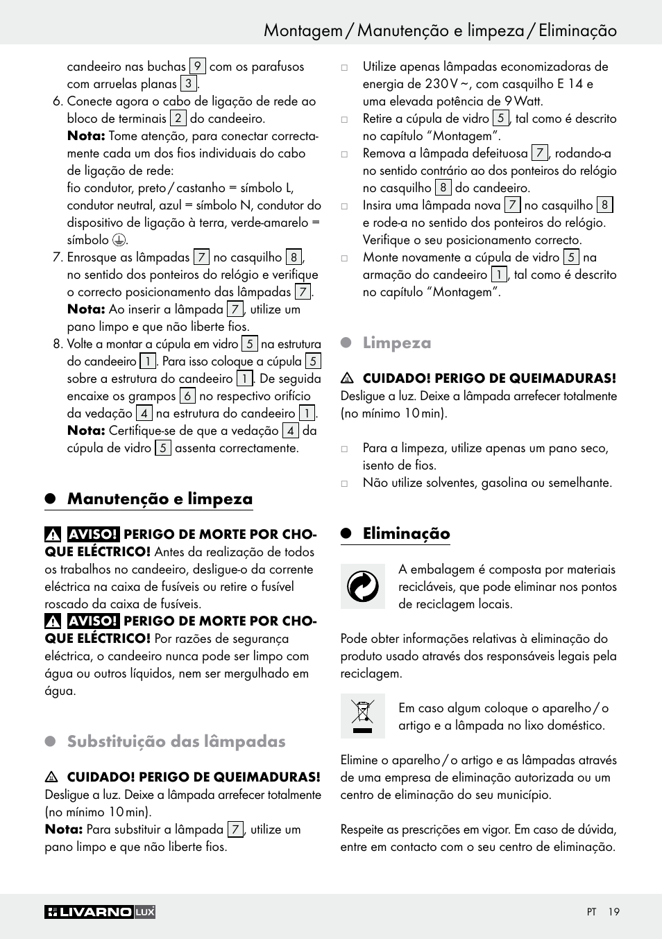 Montagem / manutenção e limpeza / eliminação, Manutenção e limpeza, Substituição das lâmpadas | Limpeza, Eliminação | Livarno Z30347C User Manual | Page 19 / 33