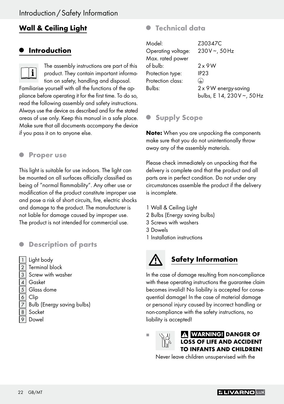 Introduction / safety information, Wall & ceiling light, Introduction | Proper use, Description of parts, Technical data, Supply scope, Safety information | Livarno Z30347C User Manual | Page 22 / 33