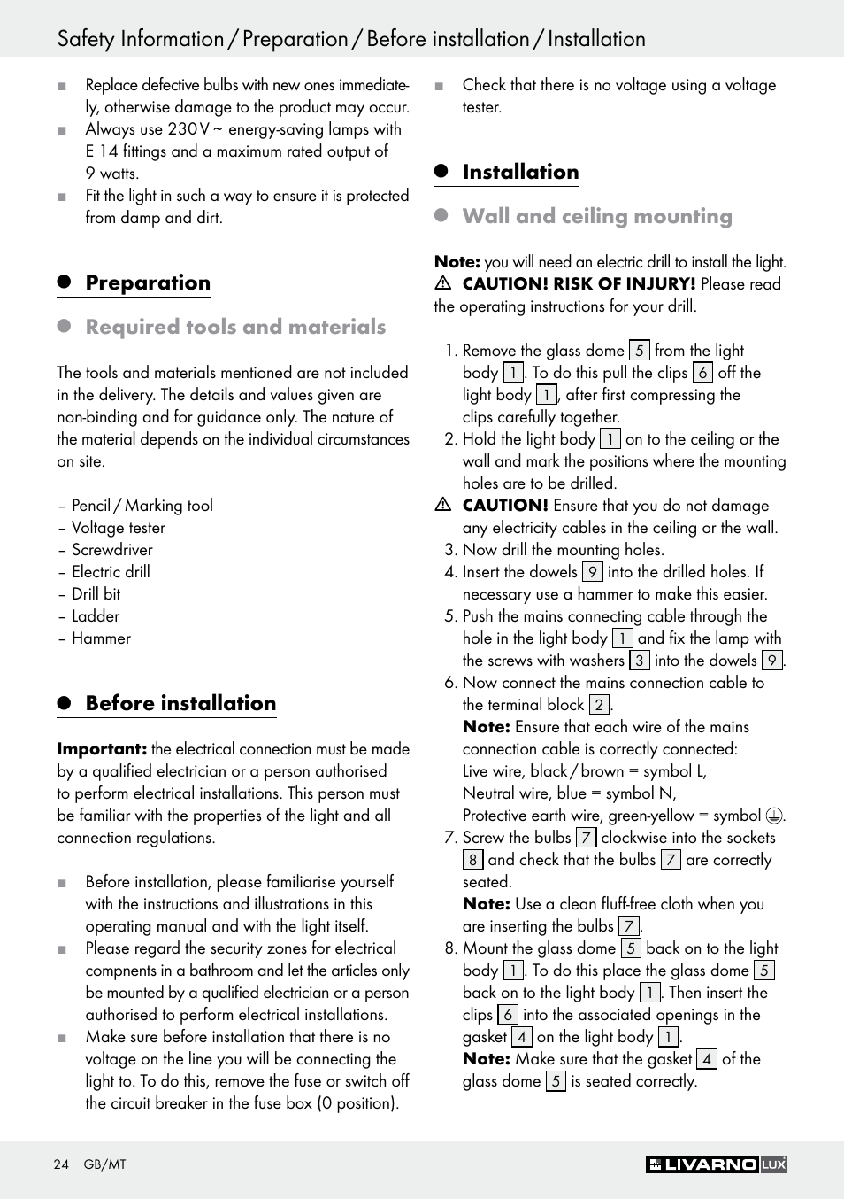 Preparation, Required tools and materials, Before installation | Installation, Wall and ceiling mounting | Livarno Z30347C User Manual | Page 24 / 33