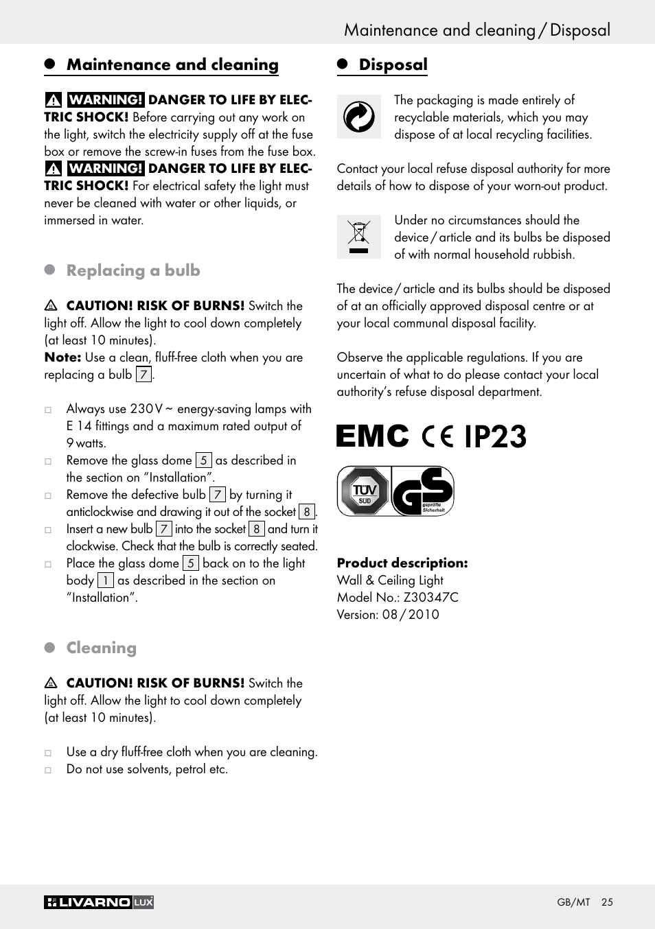 Maintenance and cleaning / disposal, Maintenance and cleaning, Replacing a bulb | Cleaning, Disposal | Livarno Z30347C User Manual | Page 25 / 33