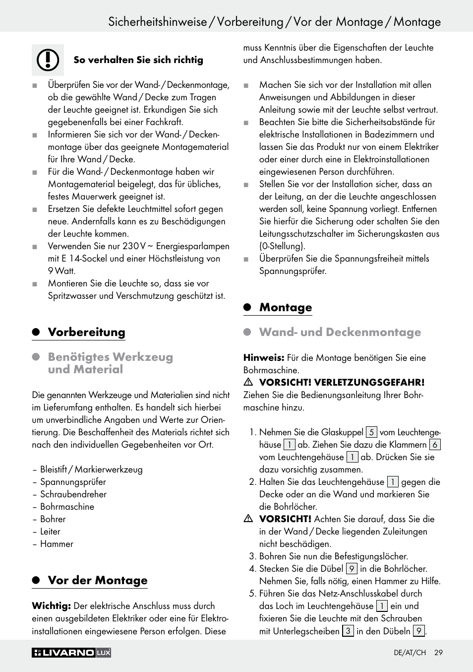 Vorbereitung, Benötigtes werkzeug und material, Vor der montage | Montage, Wand- und deckenmontage | Livarno Z30347C User Manual | Page 29 / 33