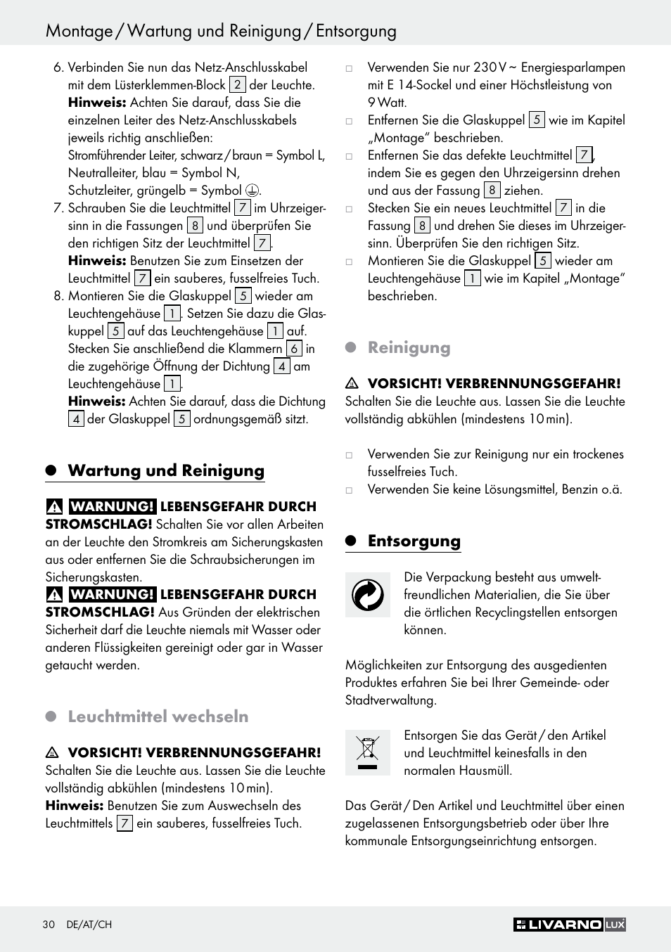 Montage / wartung und reinigung / entsorgung, Wartung und reinigung, Leuchtmittel wechseln | Reinigung, Entsorgung | Livarno Z30347C User Manual | Page 30 / 33