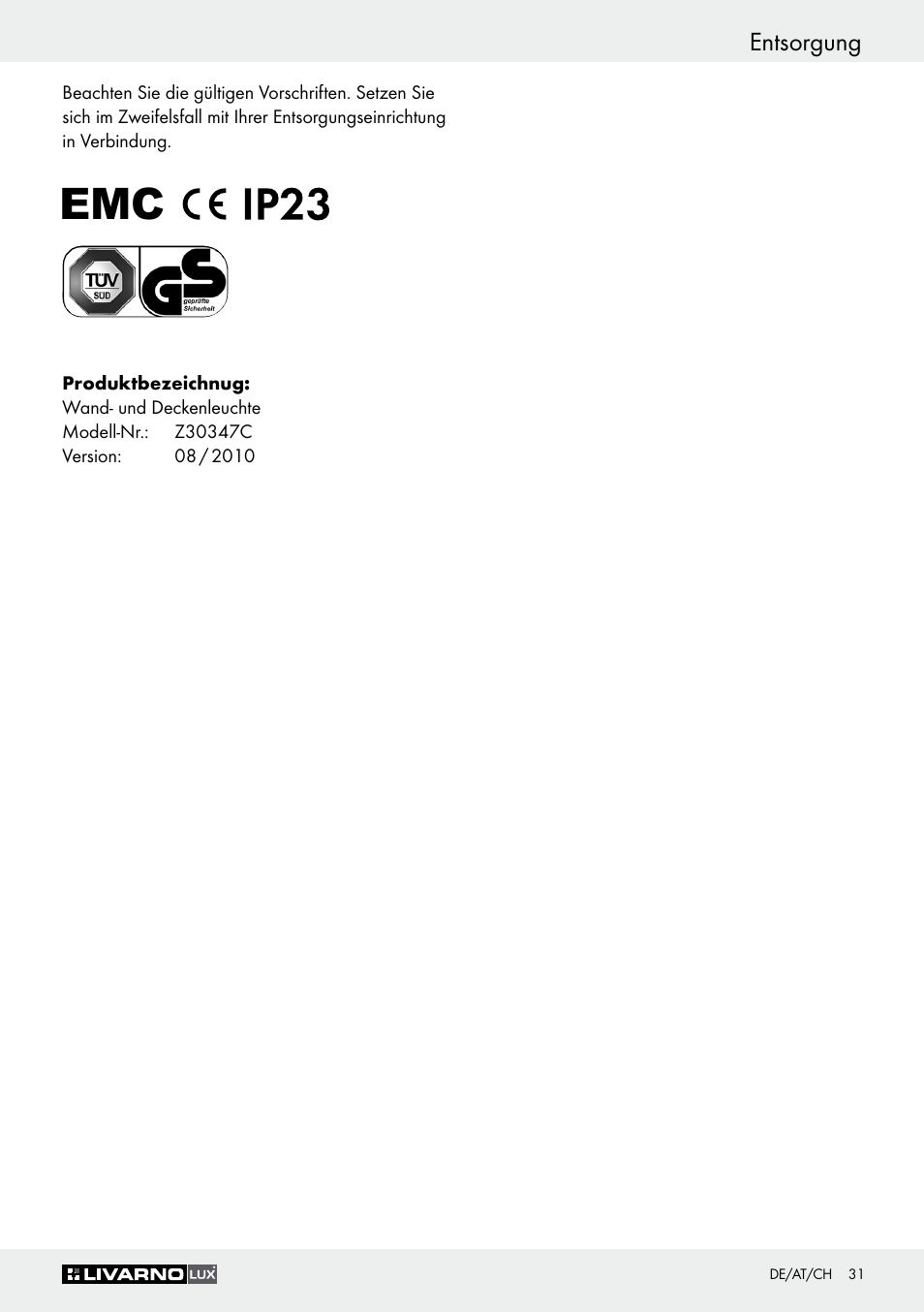 Entsorgung | Livarno Z30347C User Manual | Page 31 / 33