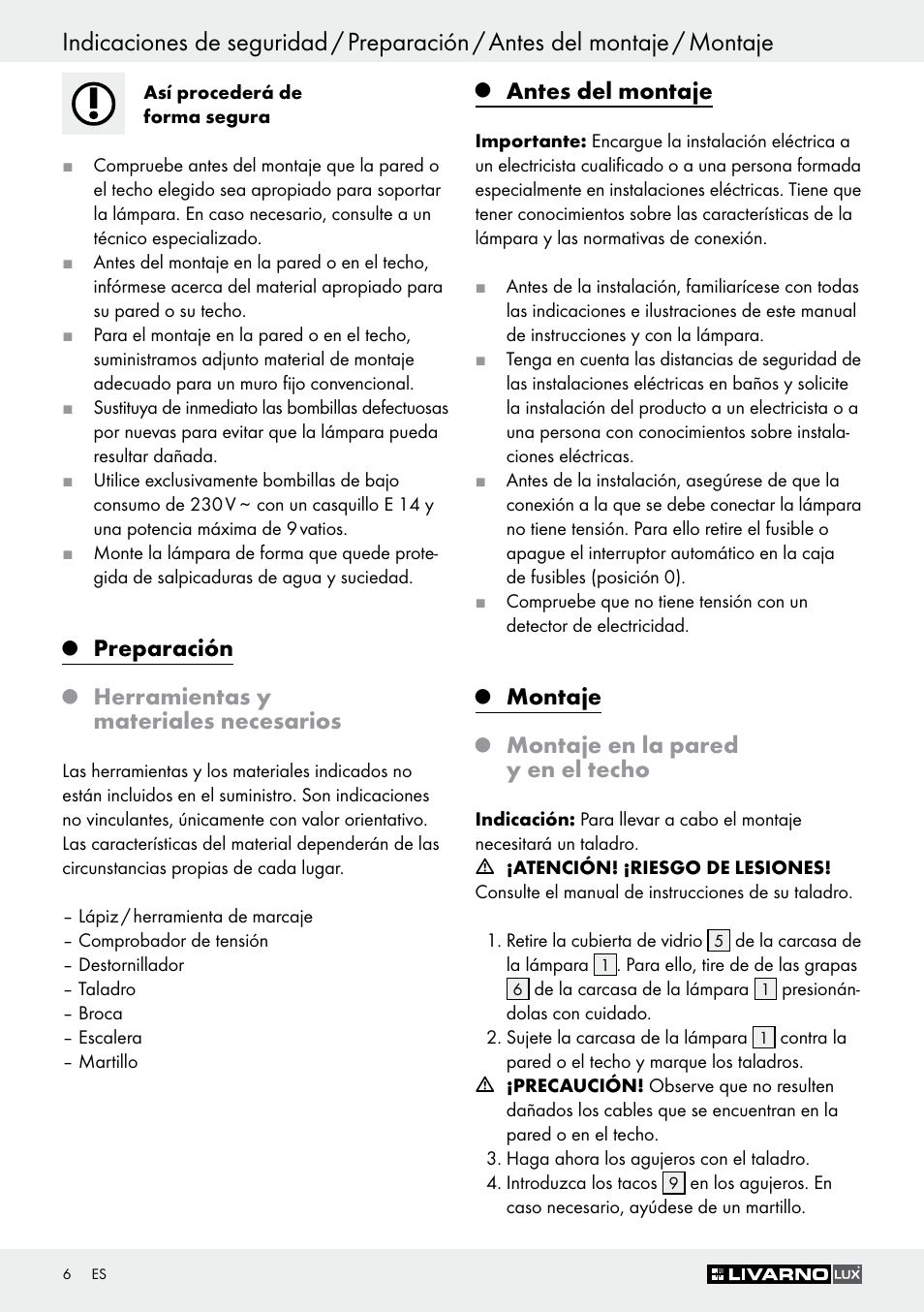 Preparación, Herramientas y materiales necesarios, Antes del montaje | Montaje, Montaje en la pared y en el techo | Livarno Z30347C User Manual | Page 6 / 33