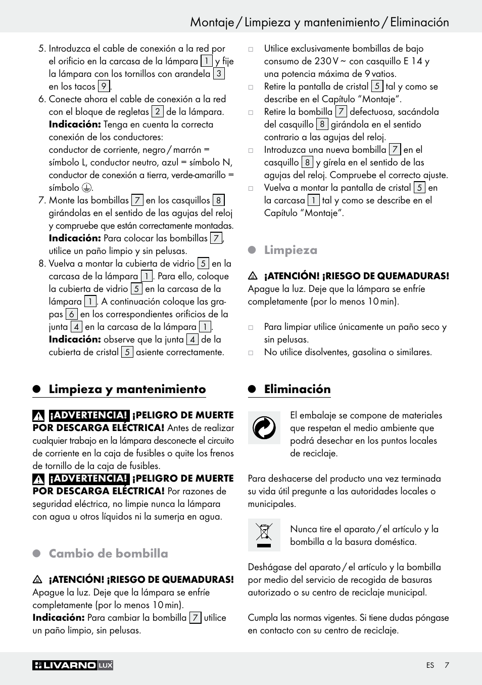 Montaje / limpieza y mantenimiento / eliminación, Limpieza y mantenimiento, Cambio de bombilla | Limpieza, Eliminación | Livarno Z30347C User Manual | Page 7 / 33