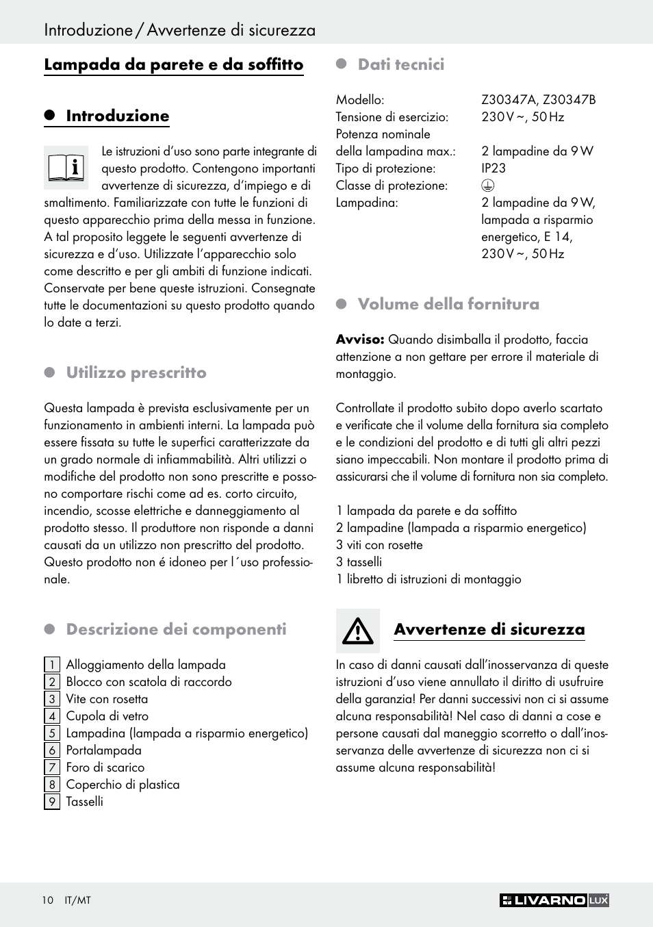Introduzione / avvertenze di sicurezza, Lampada da parete e da soffitto, Introduzione | Utilizzo prescritto, Descrizione dei componenti, Dati tecnici, Volume della fornitura, Avvertenze di sicurezza | Livarno Z30347A Z30347B User Manual | Page 10 / 35