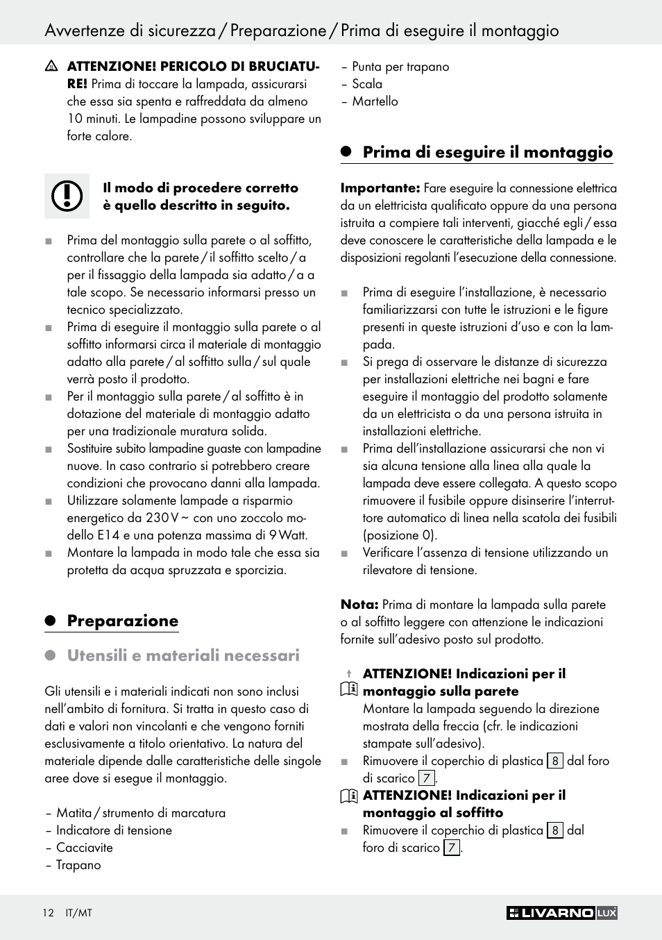 Preparazione, Utensili e materiali necessari, Prima di eseguire il montaggio | Livarno Z30347A Z30347B User Manual | Page 12 / 35