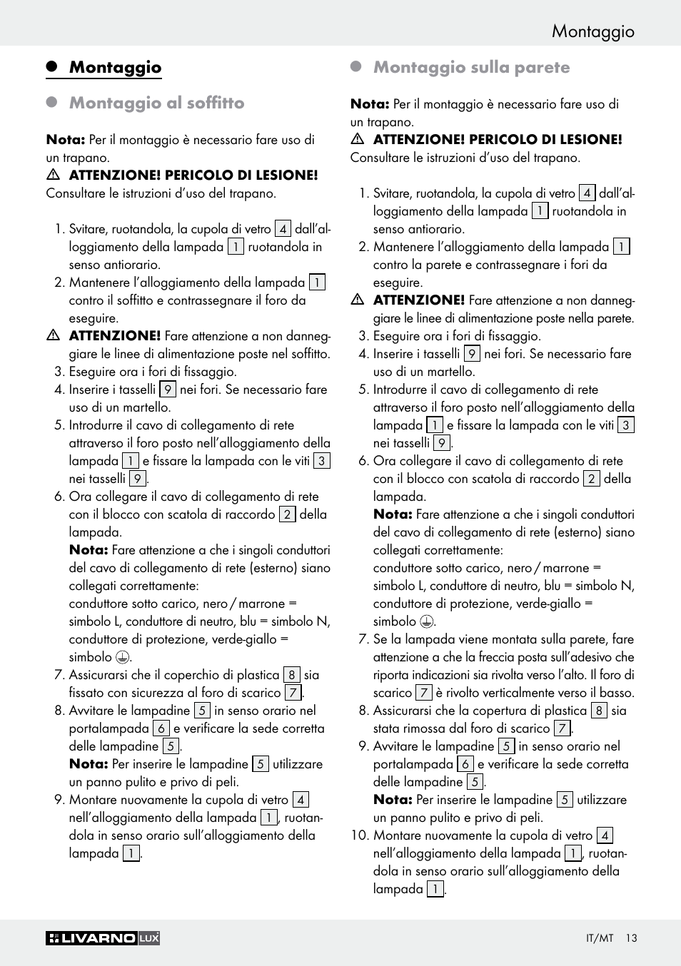 Montaggio, Montaggio al soffitto, Montaggio sulla parete | Livarno Z30347A Z30347B User Manual | Page 13 / 35