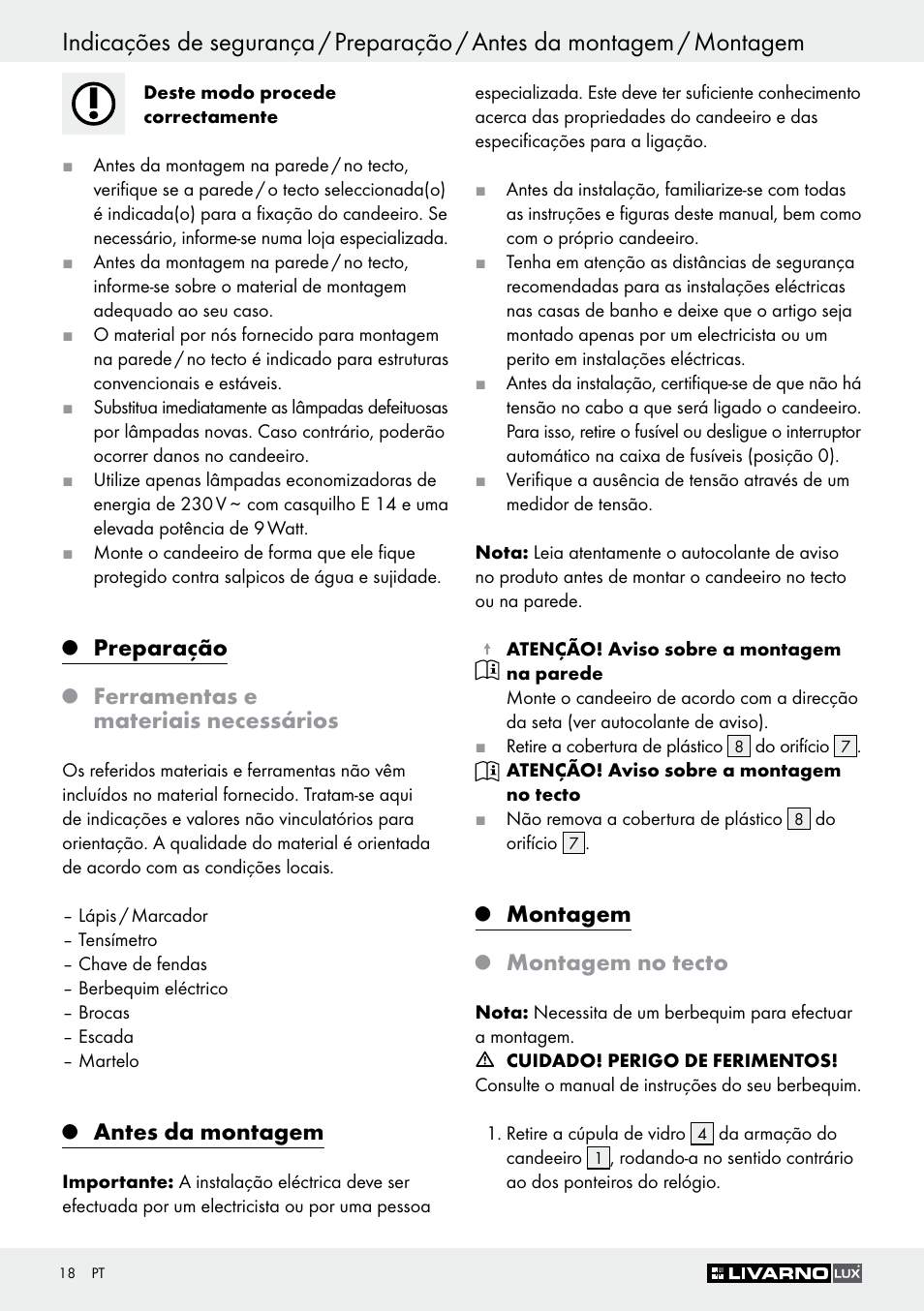 Preparação, Ferramentas e materiais necessários, Antes da montagem | Montagem, Montagem no tecto | Livarno Z30347A Z30347B User Manual | Page 18 / 35
