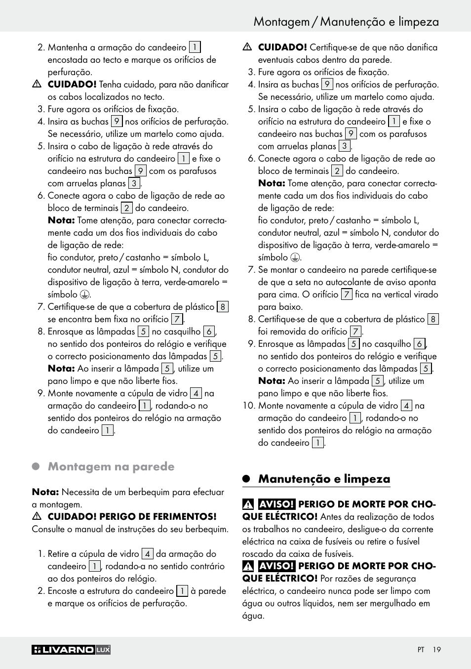 Montagem / manutenção e limpeza, Montagem na parede, Manutenção e limpeza | Livarno Z30347A Z30347B User Manual | Page 19 / 35