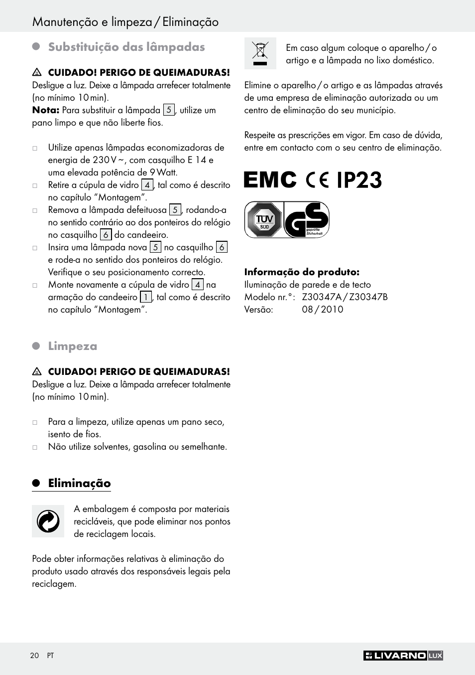 Manutenção e limpeza / eliminação, Substituição das lâmpadas, Limpeza | Eliminação | Livarno Z30347A Z30347B User Manual | Page 20 / 35