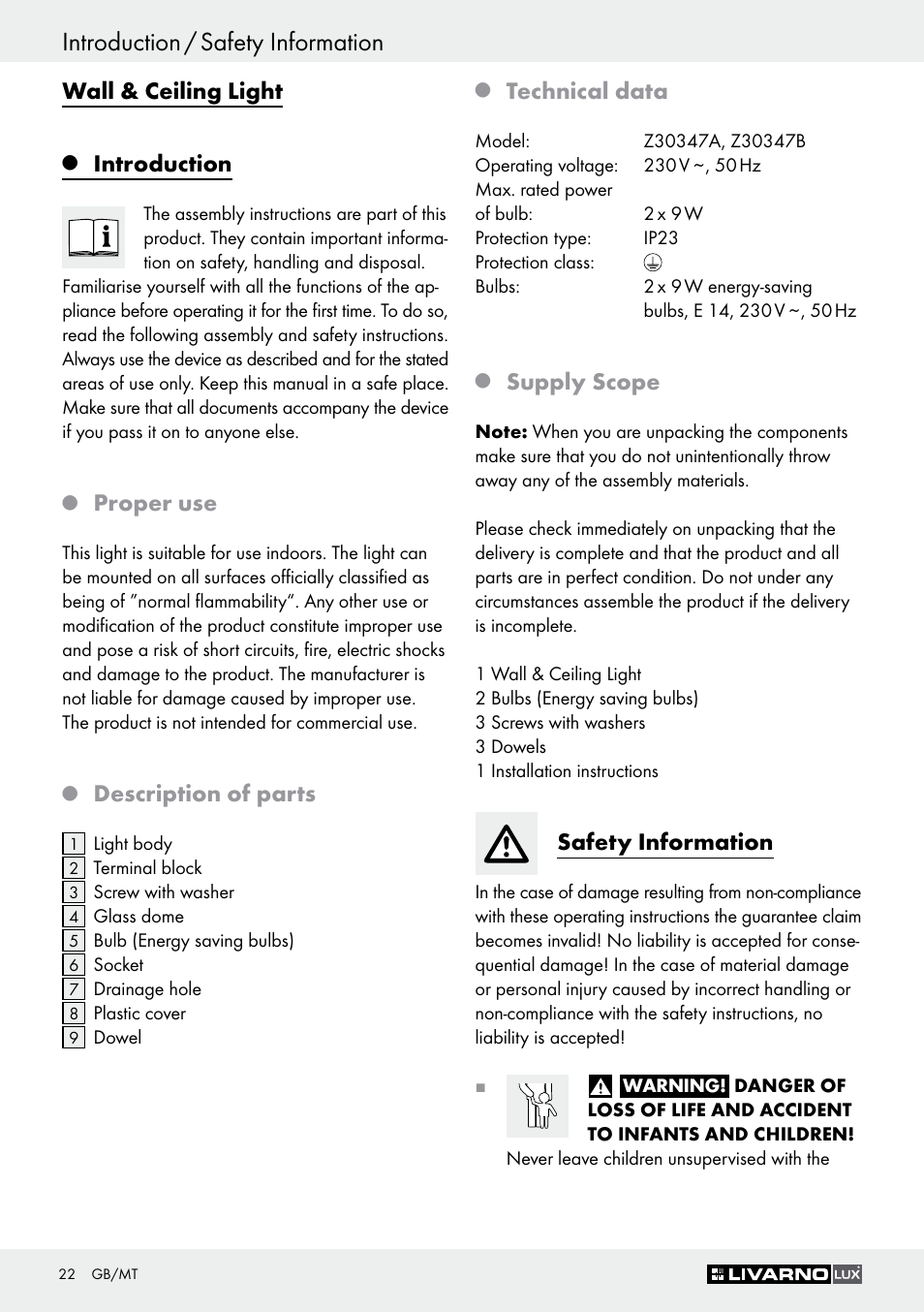 Introduction / safety information, Wall & ceiling light, Introduction | Proper use, Description of parts, Technical data, Supply scope, Safety information | Livarno Z30347A Z30347B User Manual | Page 22 / 35