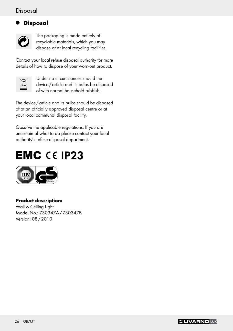 Disposal | Livarno Z30347A Z30347B User Manual | Page 26 / 35