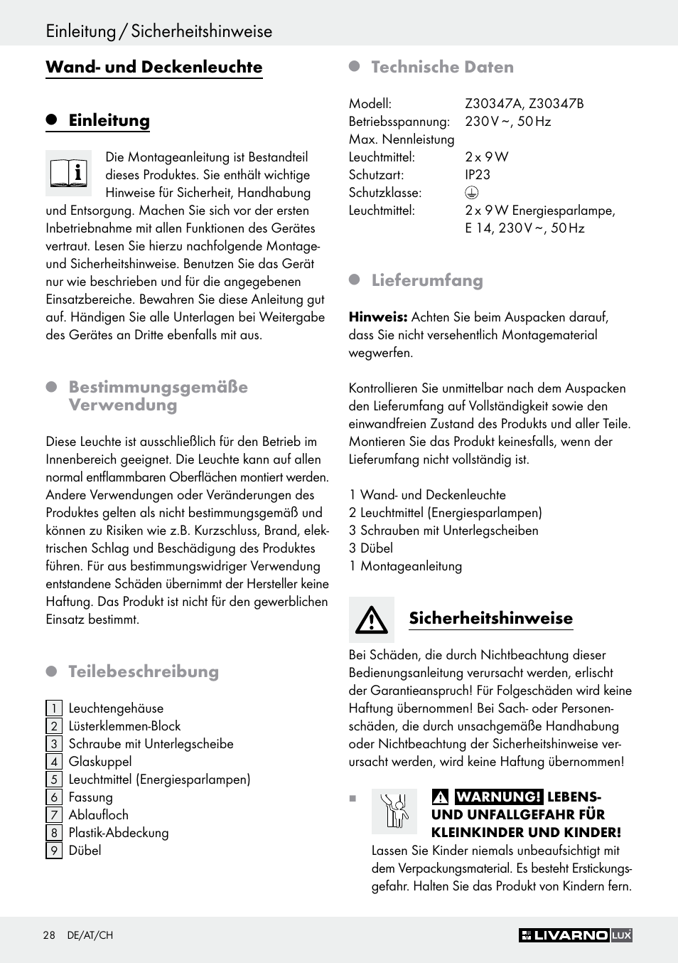 Einleitung / sicherheitshinweise, Wand- und deckenleuchte, Einleitung | Bestimmungsgemäße verwendung, Teilebeschreibung, Technische daten, Lieferumfang, Sicherheitshinweise | Livarno Z30347A Z30347B User Manual | Page 28 / 35