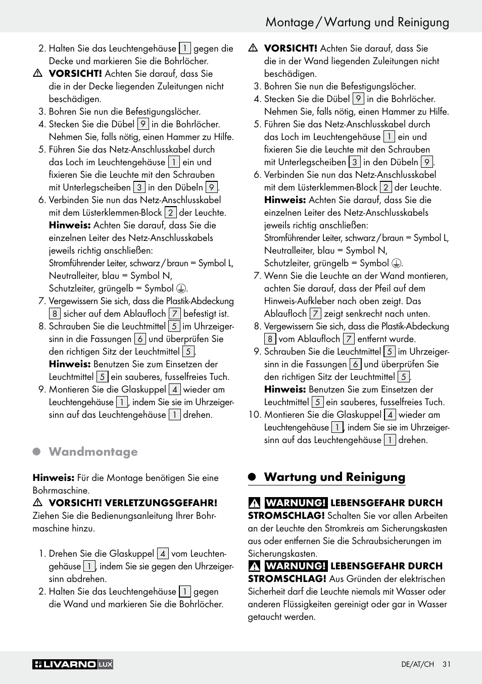 Montage / wartung und reinigung, Wandmontage, Wartung und reinigung | Livarno Z30347A Z30347B User Manual | Page 31 / 35