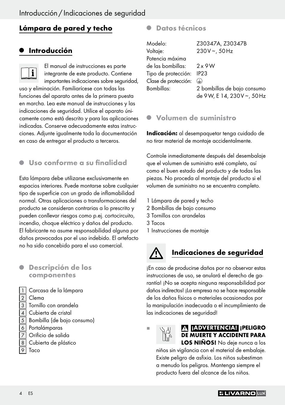 Introducción / indicaciones de seguridad, Lámpara de pared y techo, Introducción | Uso conforme a su finalidad, Descripción de los componentes, Datos técnicos, Volumen de suministro, Indicaciones de seguridad | Livarno Z30347A Z30347B User Manual | Page 4 / 35