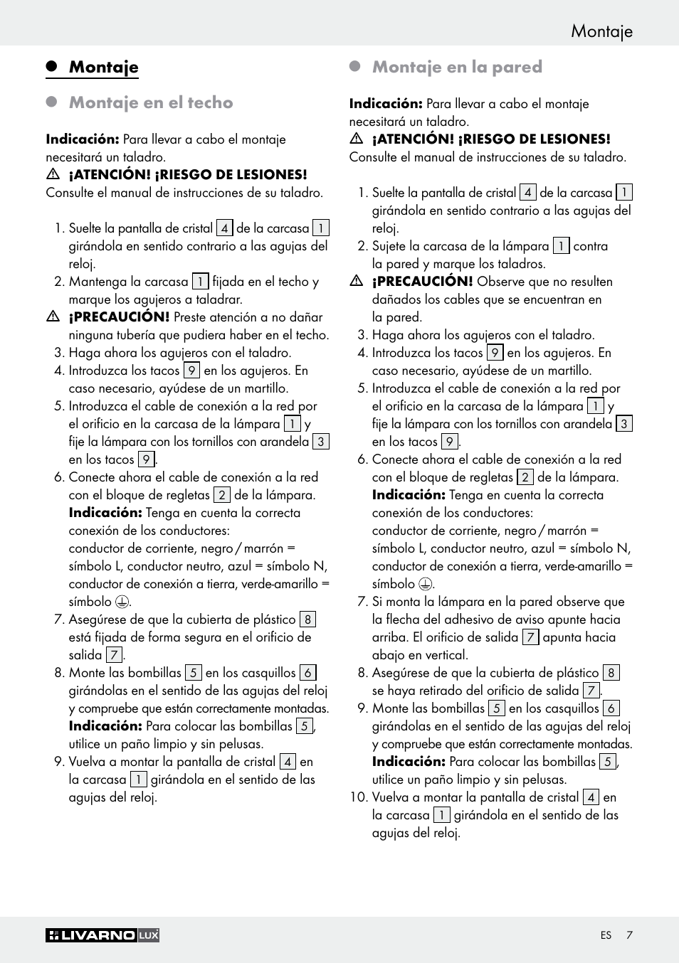 Montaje, Montaje en el techo, Montaje en la pared | Livarno Z30347A Z30347B User Manual | Page 7 / 35