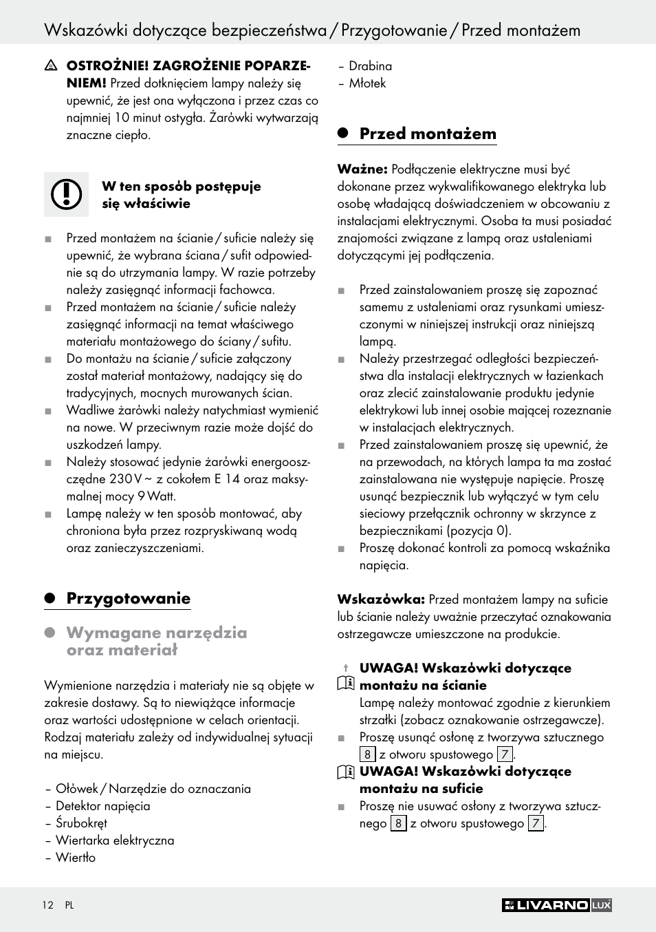 Przygotowanie, Wymagane narzędzia oraz materiał, Przed montażem | Livarno Z30347A Z30347B User Manual | Page 12 / 47